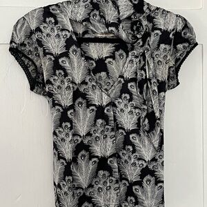 Vintage/Retro Inspired Tie-Neck Blouse, in Satin Peacock Print